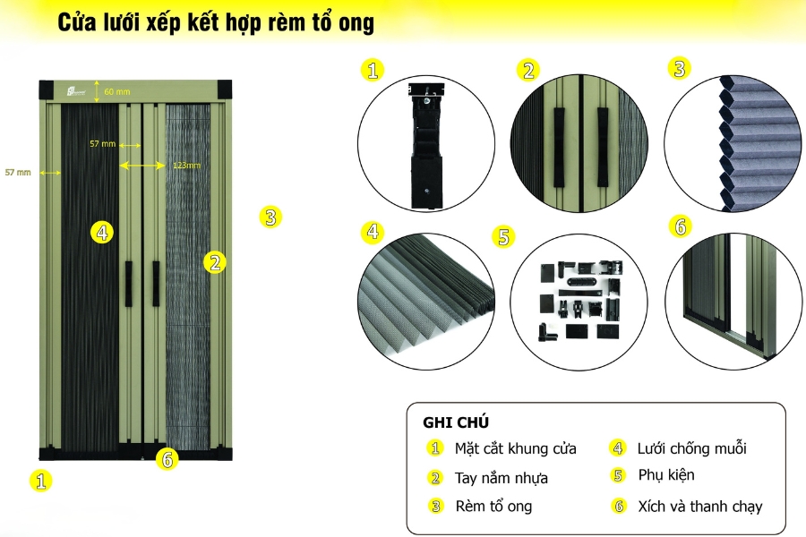 Sơ đồ chi tiết cấu tạo cửa lưới xếp kết hợp rèm tổ ong, bao gồm mặt cắt khung, tay nắm, lưới chống muỗi và phụ kiện đi kèm.