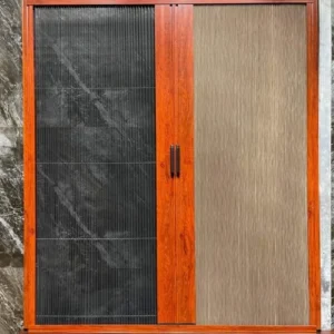 cửa lưới xếp khung gỗ kết hợp rèm tổ ong