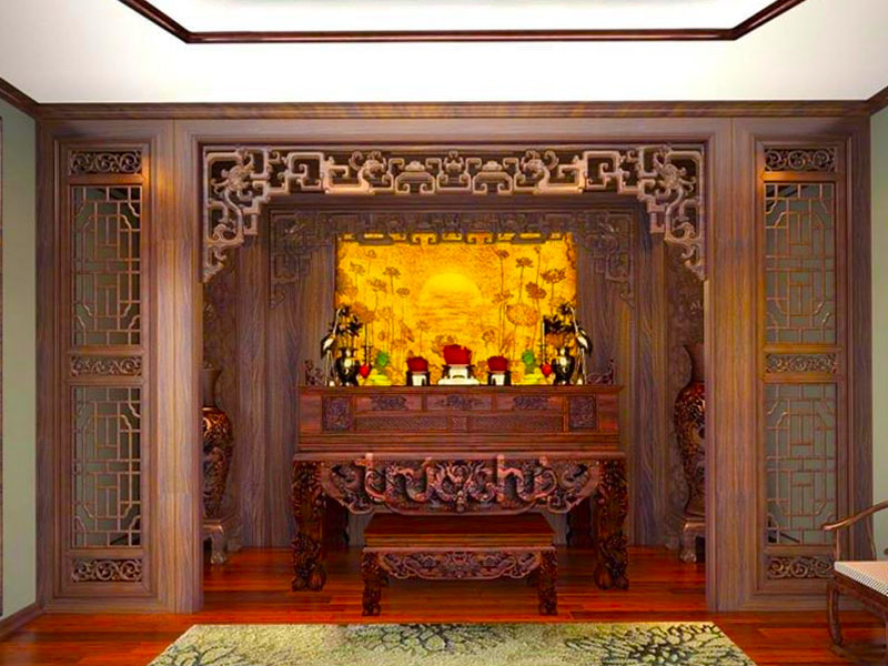 Vách ngăn gỗ phòng thờ ngăn cách với phòng khách