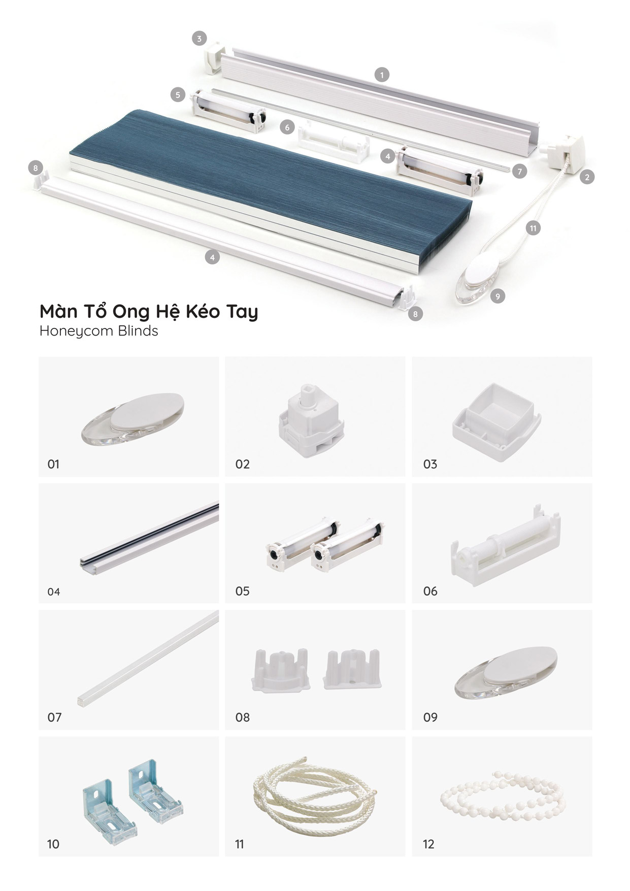 Phụ kiện và cấu tạo hệ kéo tay của rèm tổ ong kéo lên xuống