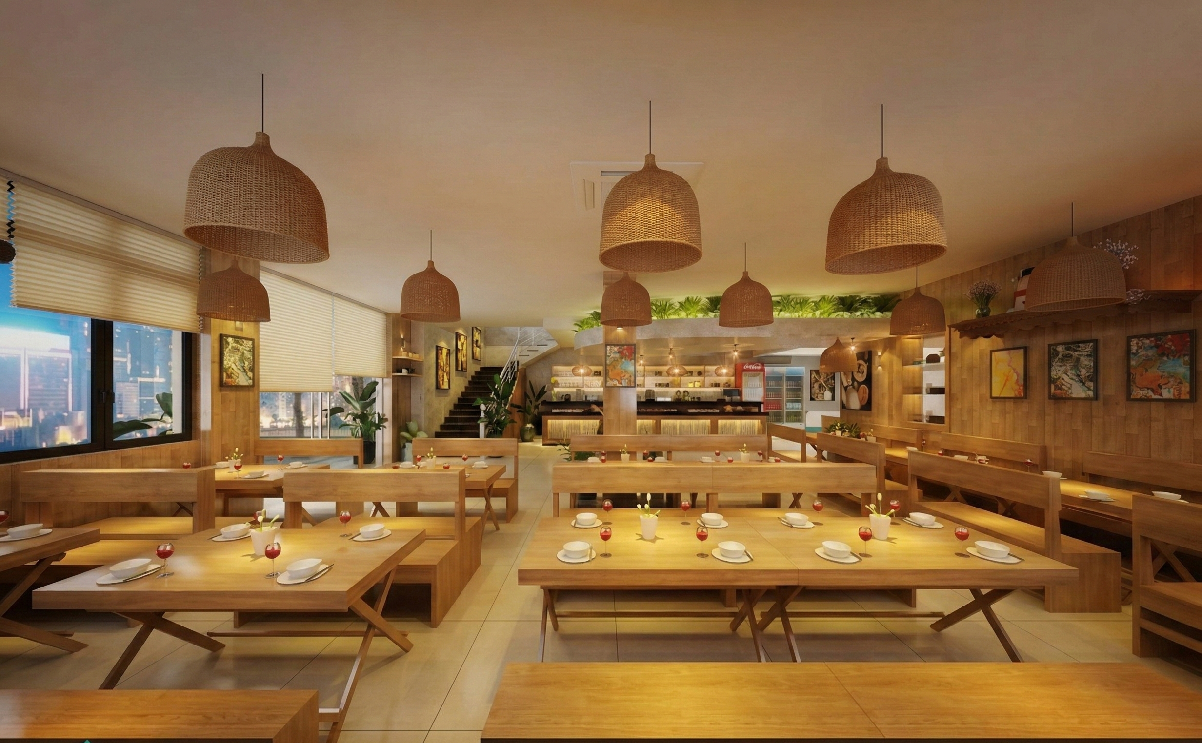 Concept nhà hàng tối giản kết hợp rèm tổ ong cho nhà hàng để không gian sáng và sạch